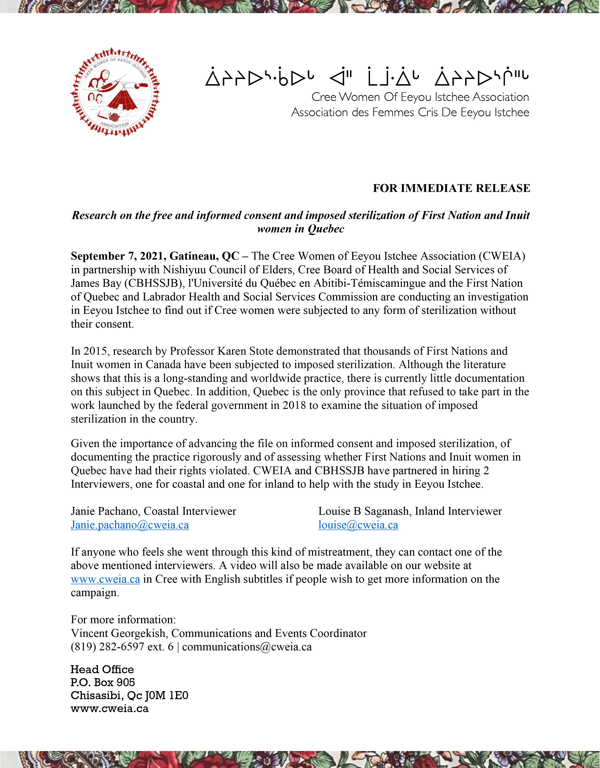 Imposed Sterilization Press Release
