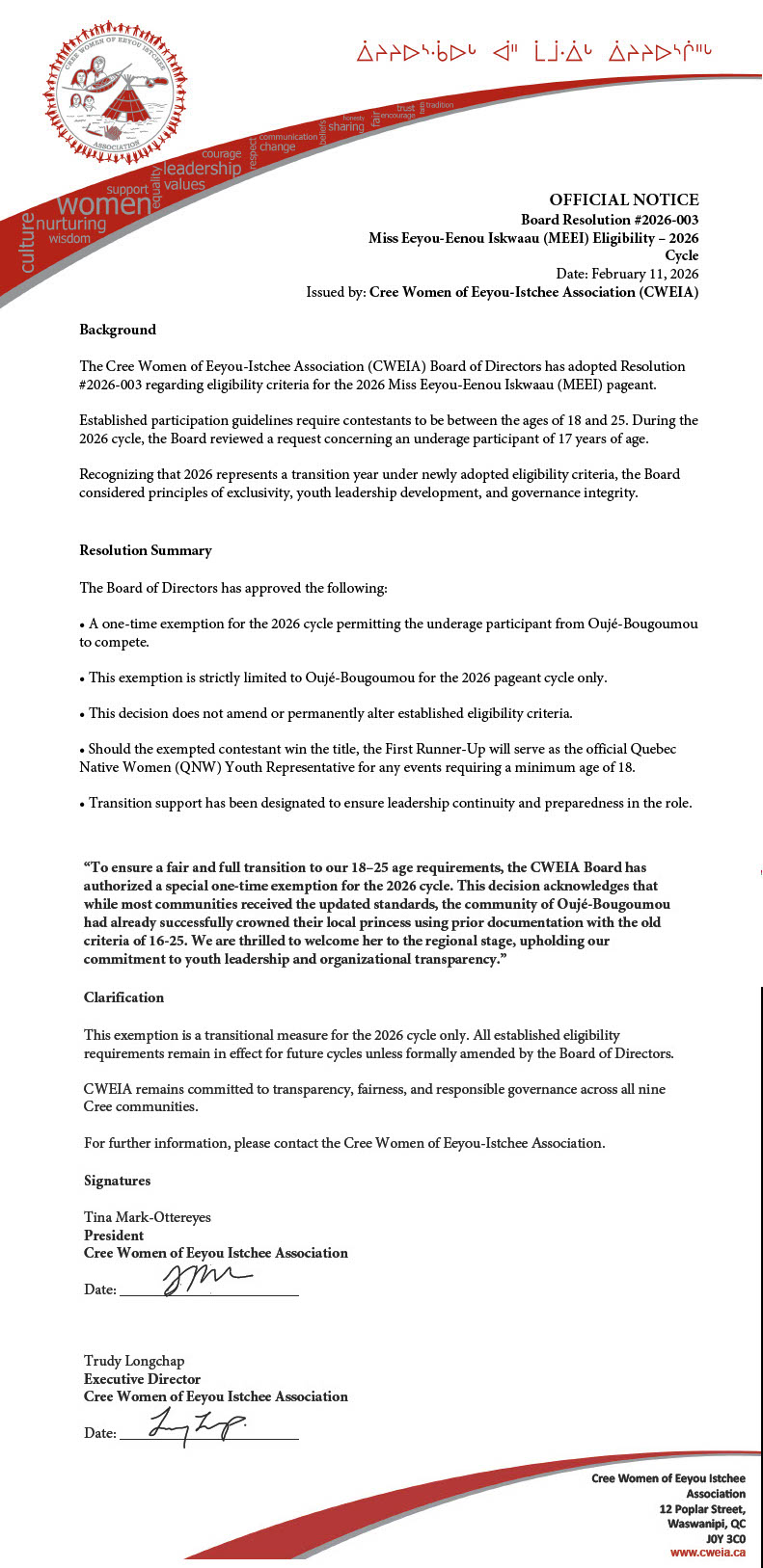 Official Notice - Resolution 2026-003 (MEEI)